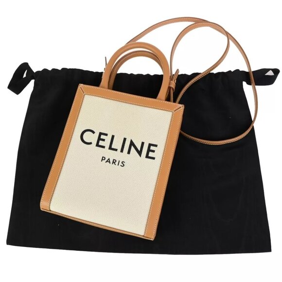 CELINE Logo Vertical Cabas 2Way Mini Hand Tote Bag Canvas Leather Brown 667RK836 - Picture 1 of 16